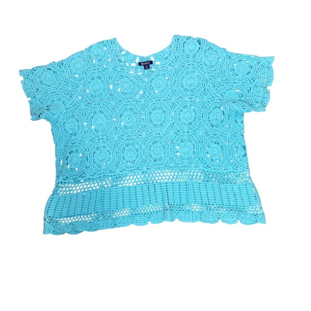 Roaman’s Aqua Blue Crochet Lace Top 3X Boho Cotton Open Knit Scalloped Hem